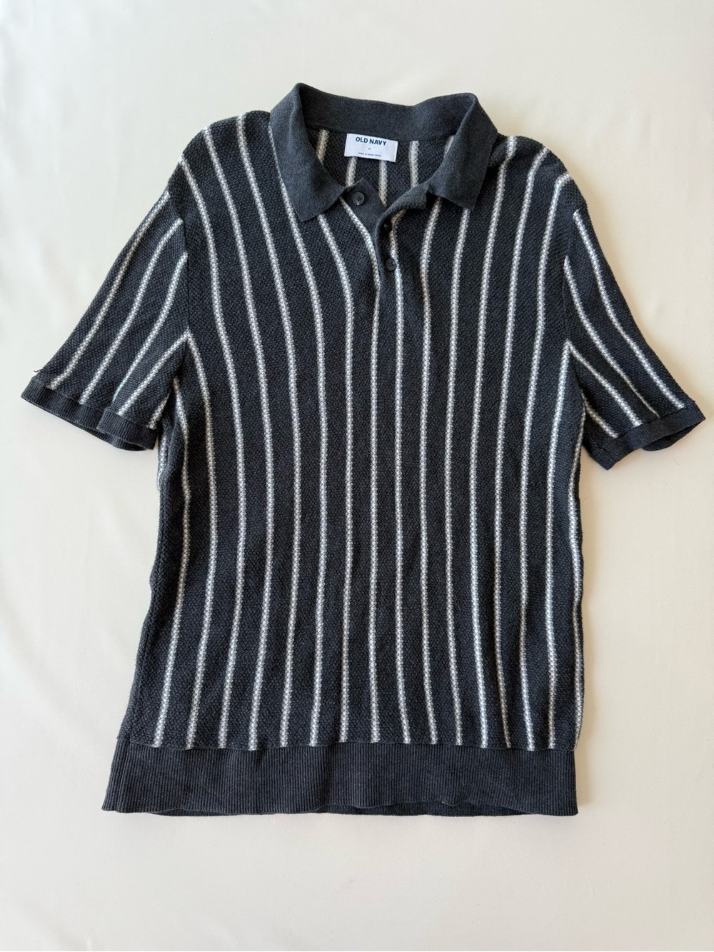 Old Navy Black Polo with White Vertical Stripes